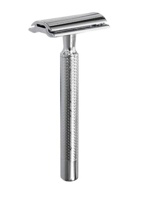 German-made PRIMO I safety razor with closed comb, chrome finish, brass handle, and fine diamond grip pattern