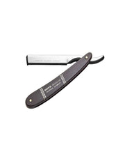 A straight razor with an ebony wood handle and a stainless steel blade, closed in position.