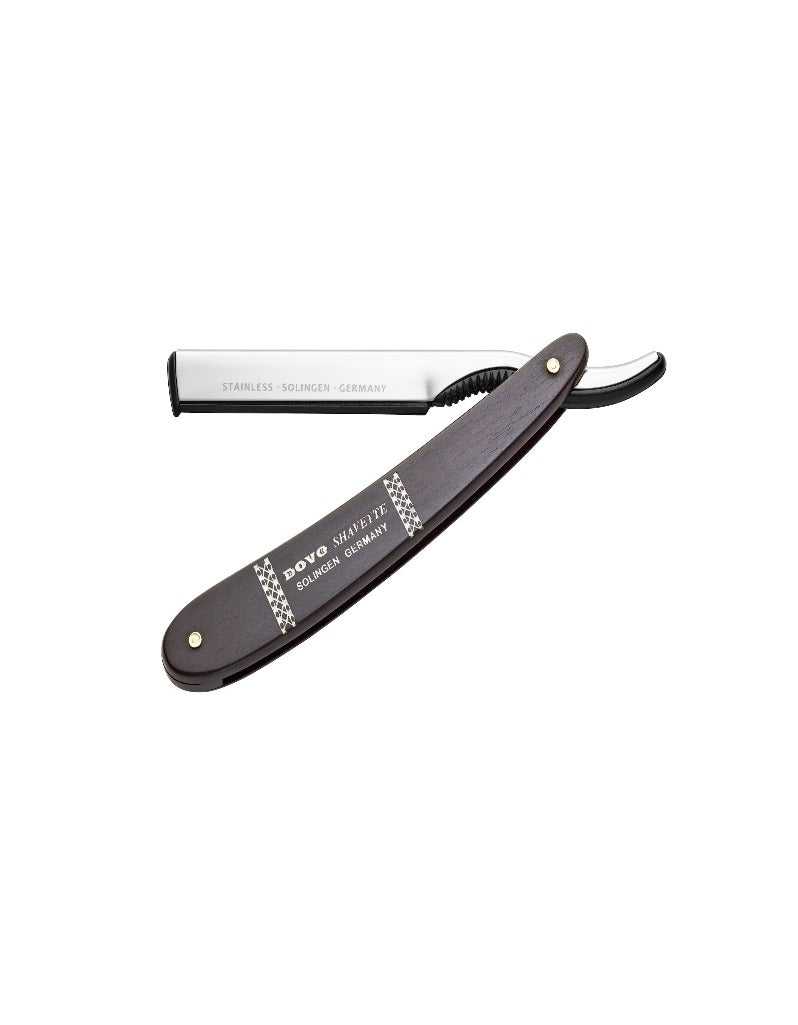 A straight razor with an ebony wood handle and a stainless steel blade, closed in position.