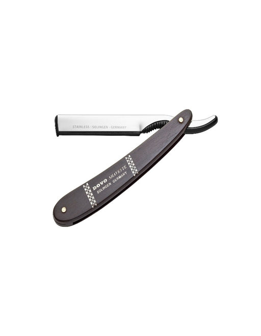 A straight razor with an ebony wood handle and a stainless steel blade, closed in position.