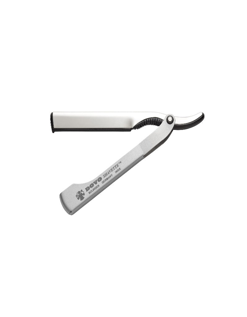 DOVO Shavette razor with stainless steel handle and anodized aluminum body, includes blade holders and Merkur blade
