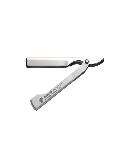 DOVO Shavette razor with stainless steel handle and anodized aluminum body, includes blade holders and Merkur blade