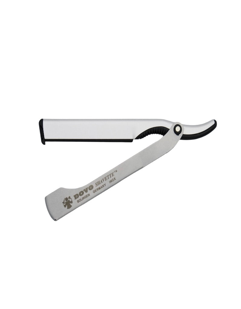 A stainless steel Dovo shavette straight razor with a polished and matte finish, displayed on a white background.