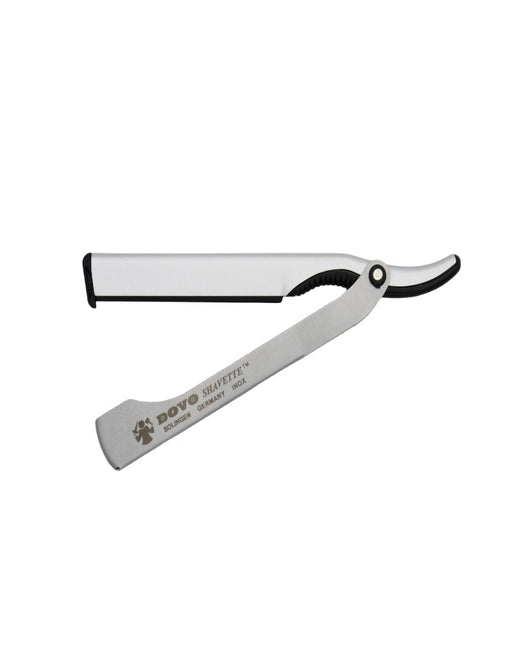 A stainless steel Dovo shavette straight razor with a polished and matte finish, displayed on a white background.