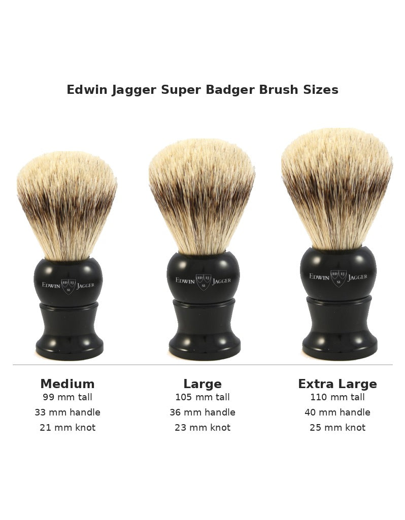 Edwin Jagger Super Badger English shaving brush sizes compared: Medium, Large and Extra Large with heights and knot sizes