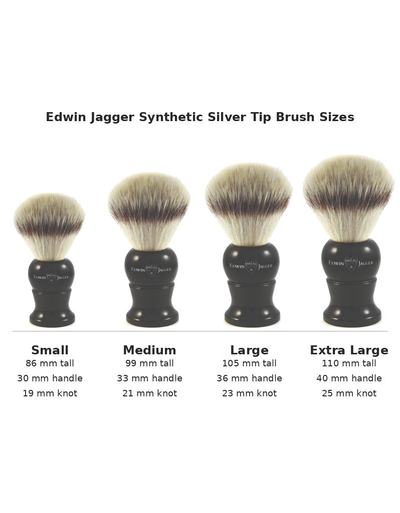 Edwin Jagger Synthetic Silver Tip English shaving brush size comparison, Small to Extra Large