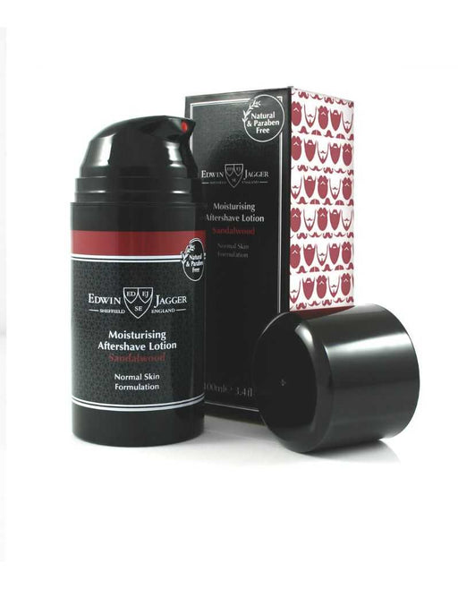Edwin Jagger moisturising Sandalwood aftershave lotion with packaging on a white background