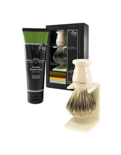Shaving brush and Aloe Vera Shave cream set with packaging on a white background