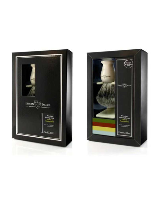 Edwin Jagger Shaving Brush and Limes and Pomegranate Shaving Cream in a gift box. This image showcases a premium shaving set, perfect for those who appreciate quality and style. The elegant presentation in a gift box makes it an ideal present for any man who enjoys a luxurious shaving experience.