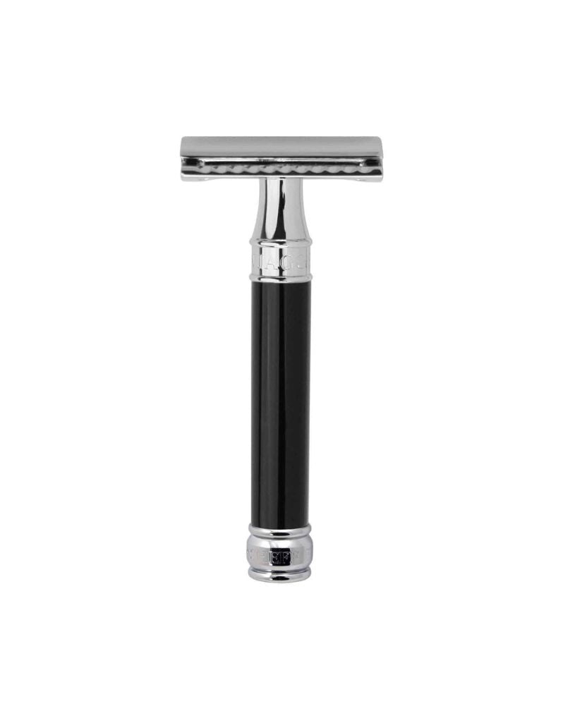 Edwin Jagger De86 Shaving razor with black handle and silver accents on a white background