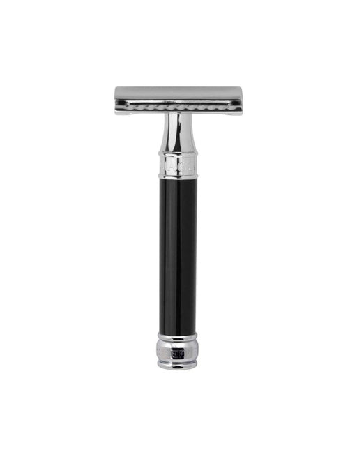 Edwin Jagger De86 Shaving razor with black handle and silver accents on a white background