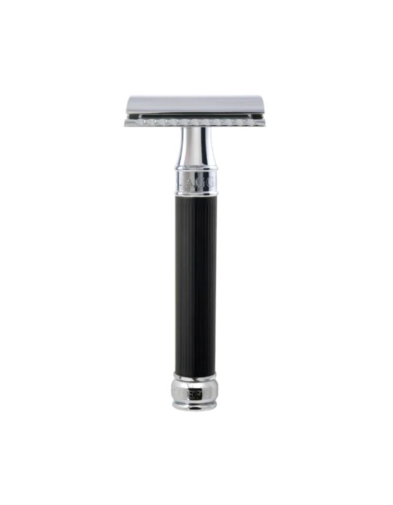 Edwin Jagger Rubber Coated Black safety razor with silver top on a white background