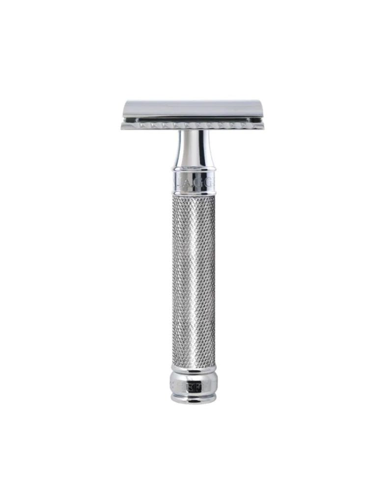 Knurled handle Edwin Jagger safety razor on a white background