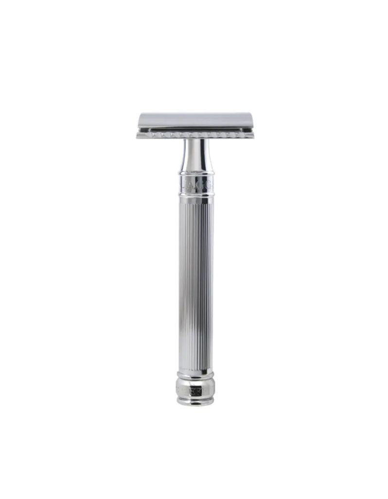 Chrome Lined long handle safety razor on a white background