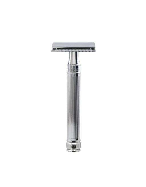 Chrome Lined long handle safety razor on a white background