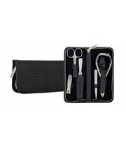 A 5-piece manicure set by Erbe Solingen, including stainless steel tools such as combination scissors, tweezers, nail file, and nail clippers, displayed in an open black zipper pouch with a carbon pattern.