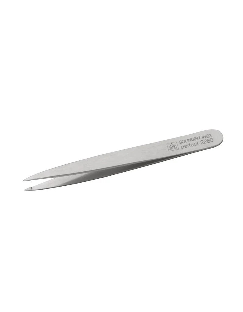 A stainless steel pointed tip tweezer, with 'ERBE SOLINGEN' branding, on a white background.