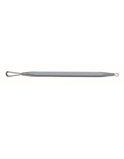 A stainless steel blackhead remover with dual-ended design, featuring loops of different sizes.