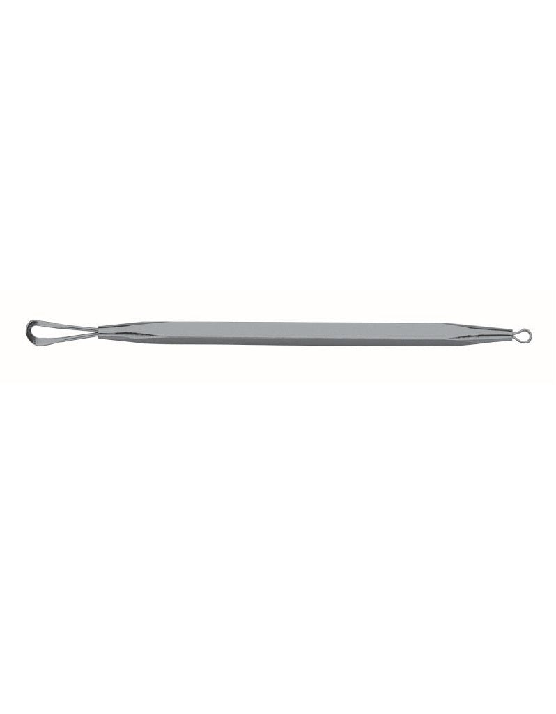 A stainless steel blackhead remover with dual-ended design, featuring loops of different sizes.