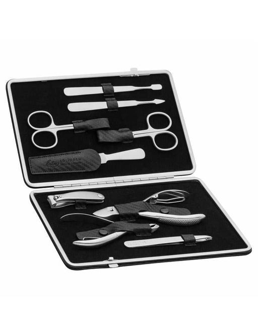 Erbe 9492 Carbon Series leather case with 9 stainless steel manicure and pedicure tools