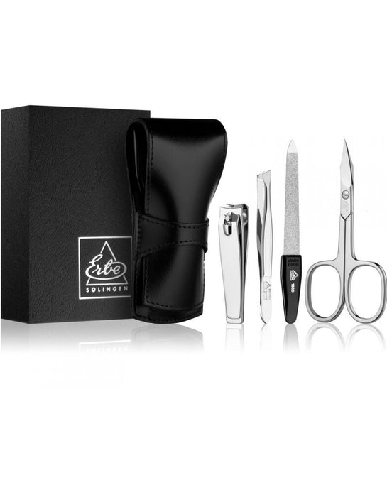 Erbe Solingen - 4-Piece Manicure Set, Smooth Leather, Black Tuck-in Flap Case