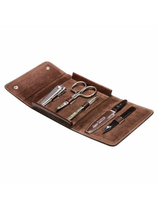 A 5-piece manicure set with nickel-plated tools and smooth brown leather case, snap closure, displayed open to show the contents.