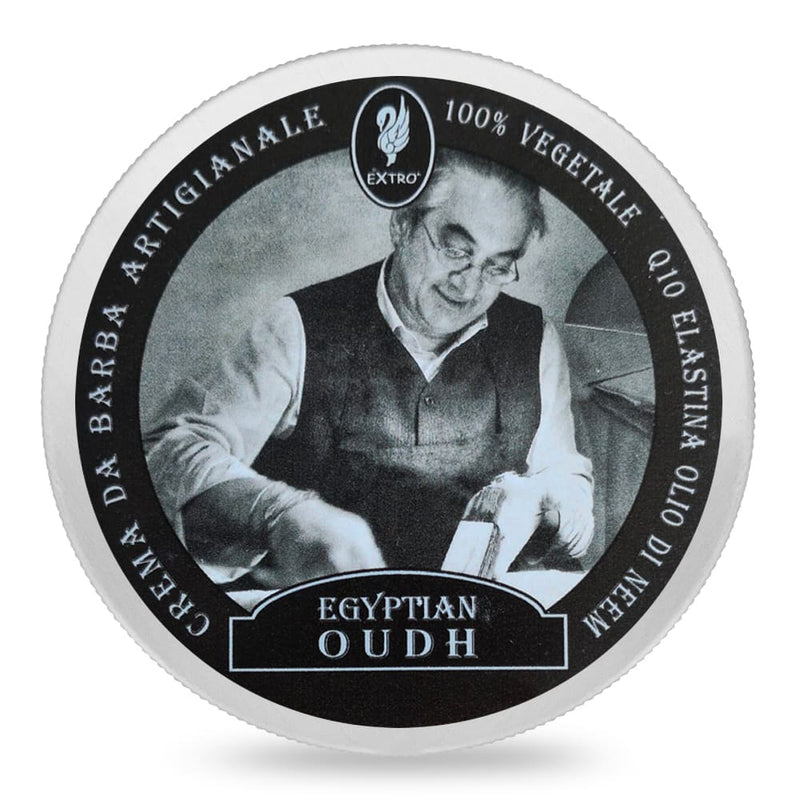 Extro Egyptian Oudh Shaving Cream in glass jar, premium blend with Q10, Neem oil, and rich oud fragrance for refined grooming.