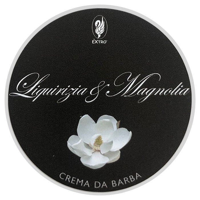Extro Liquirizia & Magnolia Shaving Cream jar with licorice and floral scent, enriched with shea butter and calendula oil.
