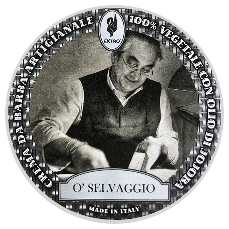 Extro O' Selvaggio Shaving Cream jar with jojoba oil and amber scent, enriched with vitamins and natural skin-nourishing oils.