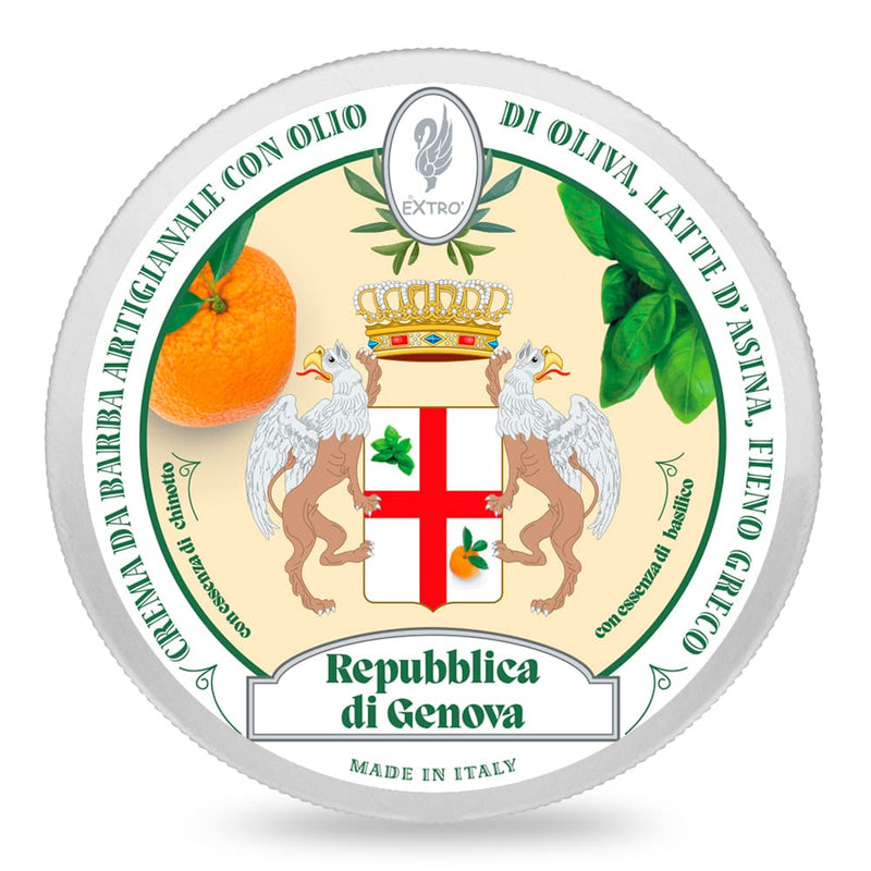 Extro Repubblica di Genova Shaving Cream jar with basil and chinotto scent, enriched with shea butter and natural oils.