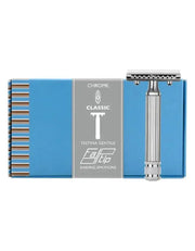 Fatip Classic chrome safety razor with a fluted handle, shown beside its blue Testina Gentile gift box