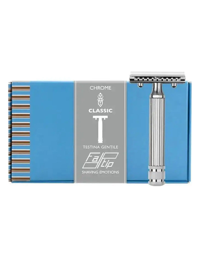 Fatip Classic chrome safety razor with a fluted handle, shown beside its blue Testina Gentile gift box
