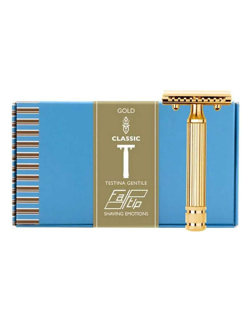 Fatip Classic gold safety razor with a fluted handle, shown beside its blue Testina Gentile gift box