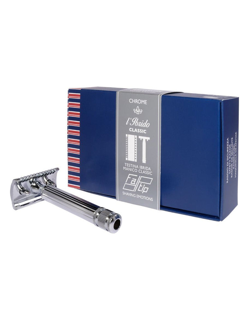 Fatip l’Ibrido Classic chrome safety razor with a fluted handle, shown in front of its blue gift box