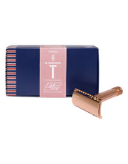 Fatip il Grande Gentle copper safety razor shown in front of its navy Testina Gentile gift box