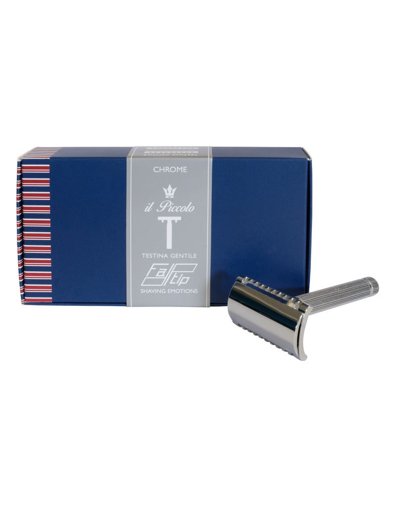 Fatip il Piccolo Gentle chrome safety razor shown in front of its blue Testina Gentile gift box