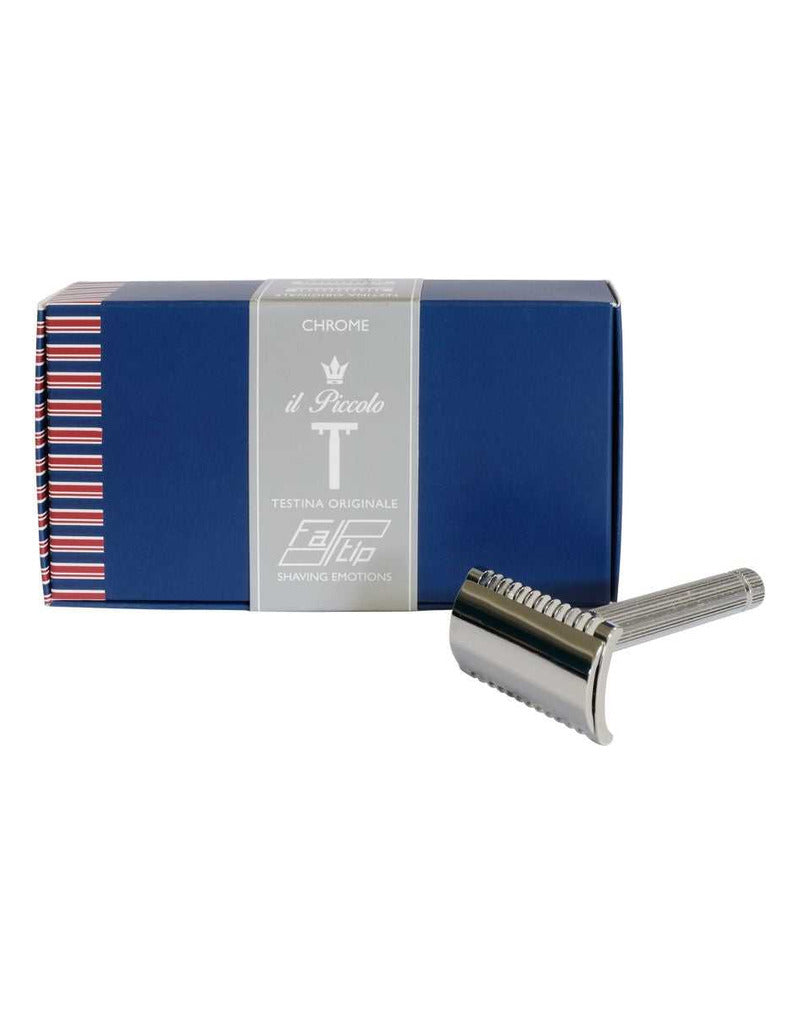 Fatip il Piccolo chrome open comb safety razor shown in front of its blue Testina Originale gift box