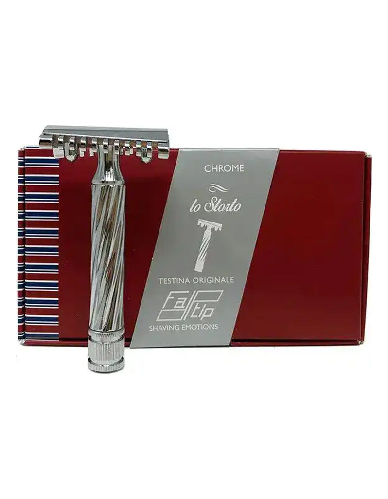 Fatip Lo Storto chrome open comb safety razor with a twisted handle, standing in front of its red Testina Originale box
