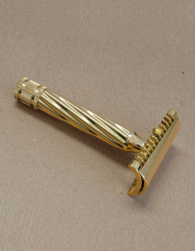 Fatip Lo Storto gold open comb safety razor with a twisted handle