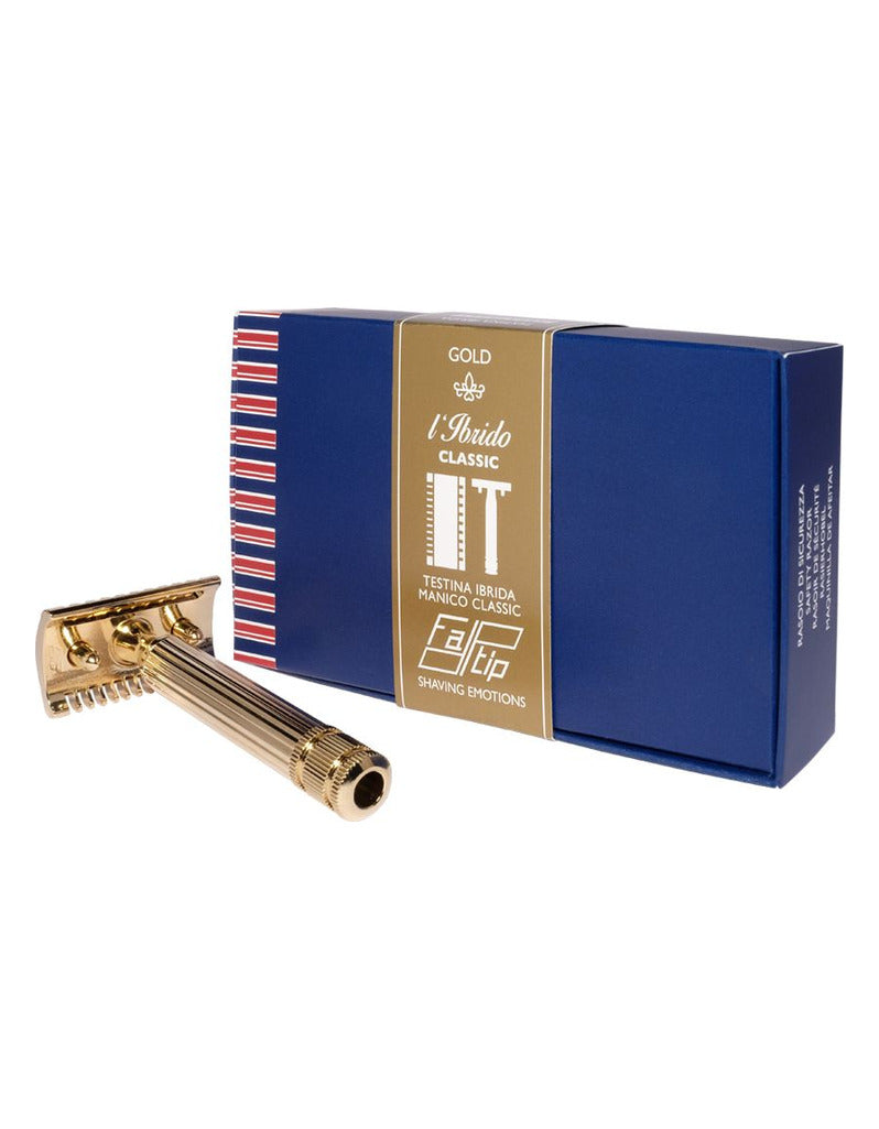 Fatip l’Ibrido Classic gold safety razor with a fluted handle, shown in front of its blue gift box