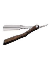 Feather Artist Club SS Scotch Wood Razor with folding wood handle and rounded stainless steel shaving head.