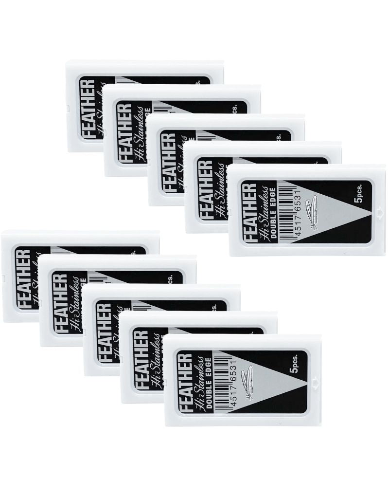 Multiple packs of Feather double edge razor blades for grooming
