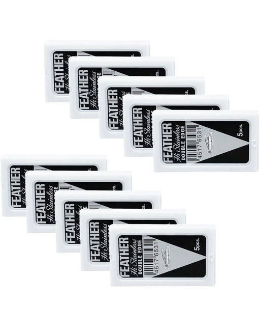 Multiple packs of Feather double edge razor blades for grooming