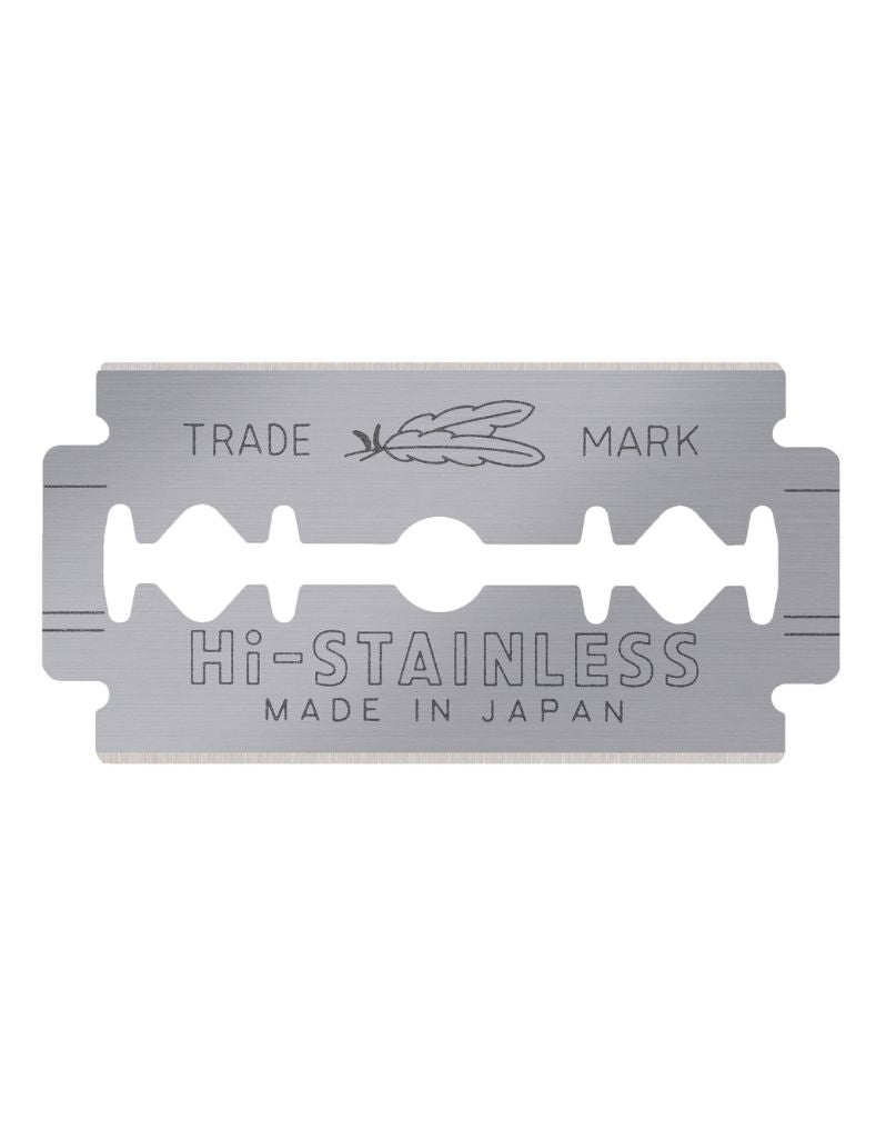 Stainless steel razor blade with Feather branding for grooming