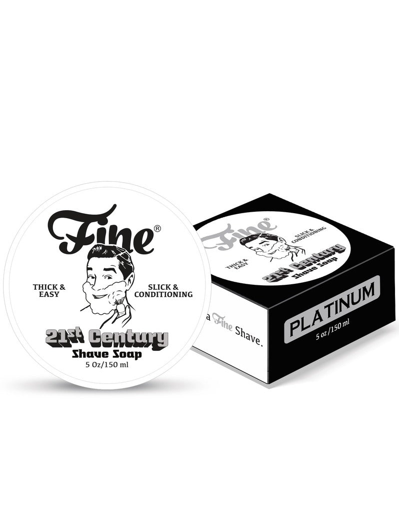 Fine 21st Century Platinum shave soap with white lid beside a black and silver 5 oz box