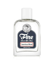 Fine American Blend aftershave splash in a clear square bottle with white cap and navy Mr. Fine label