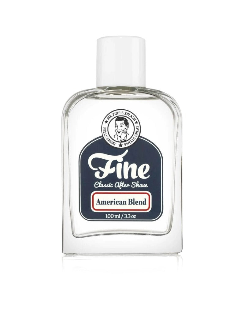 Fine American Blend aftershave splash in a clear square bottle with white cap and navy Mr. Fine label