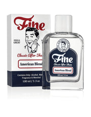 Fine Accoutrements American Blend Classic After Shave 100ml glass bottle with navy label next to its red, white and navy box