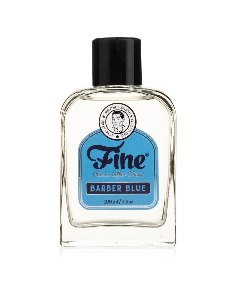 Fine Accoutrements Barber Blue aftershave splash in a clear 3.3 oz bottle with black cap