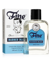 Fine Barber Blue Classic After Shave 100ml bottle with light blue label standing in front of its box